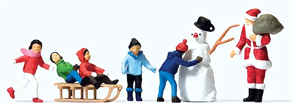 Preiser Christmas Figure Set In Merry Christmas Box -- Santa Claus, 5 Children, Snowman & Sled   (590-10626) 1