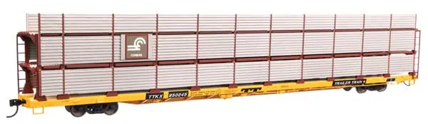 89' Flatcar W/Tri-Level Shielded Auto Rack - Ready To Run -- Conrail #850245, Ttkx Flatcar (Yellow) 1