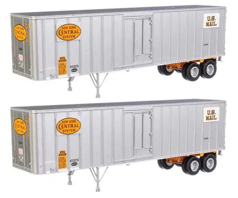 Walthers Flexi-Van 40' Trailer 2-Pack - Assembled -- New York Central #3 (Yellow Logo; U.S. Mail Placards, End Doors)   (949-2608) 1