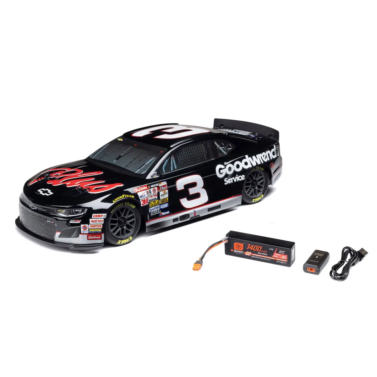 1/12 Nascar Rc Race Car Rcr No. 3 Gm Goodwrench Chevrolet Zl1 2S Awd Rtr Brushed On-Road (Battery & Charger Included), Black 1