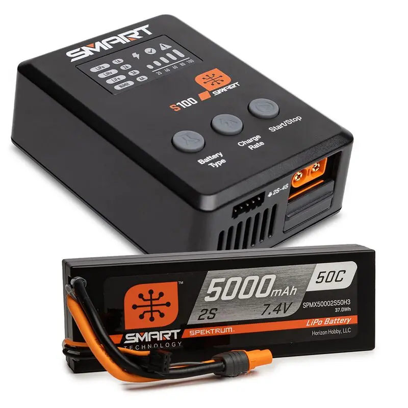Spektrum Smart Powerstage Surface Bundle: 5000Mah 2S 50C Lipo Battery (Ic3) / 100W S100 Charger (Spmx-1031) 1