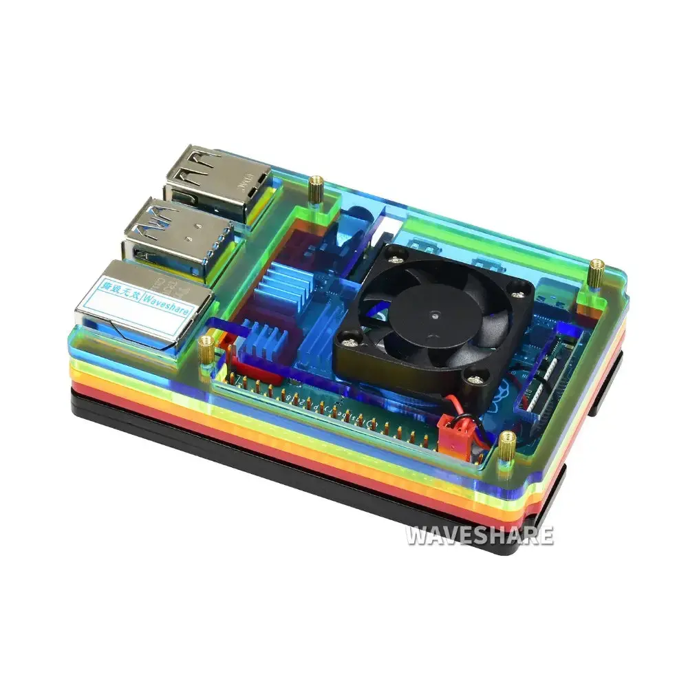 Waveshare Colorful Rainbow Acrylic Case For Raspberry Pi 4 W/ Cooling Fan 1