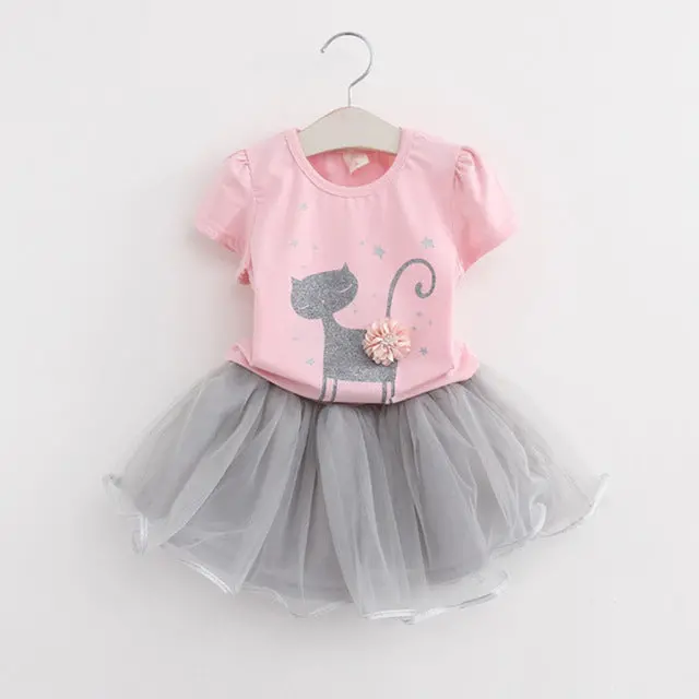 Adorable Cartoon Kitten Print Outfit for Baby Girls