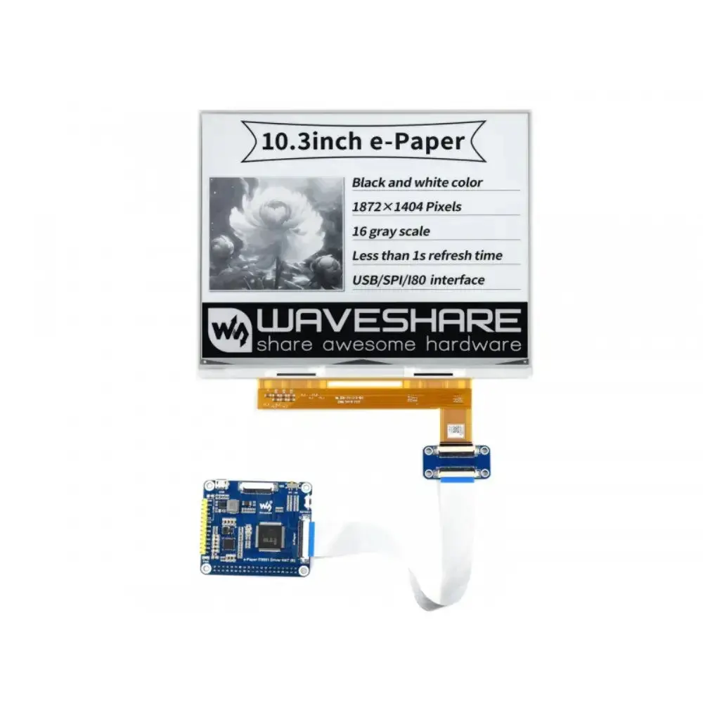 Waveshare 10.3" E-Paper E-Ink Display Hat For Raspberry Pi, 1872×1404, Black/White, 16 Grey Scales, Usb/Spi/I80 1